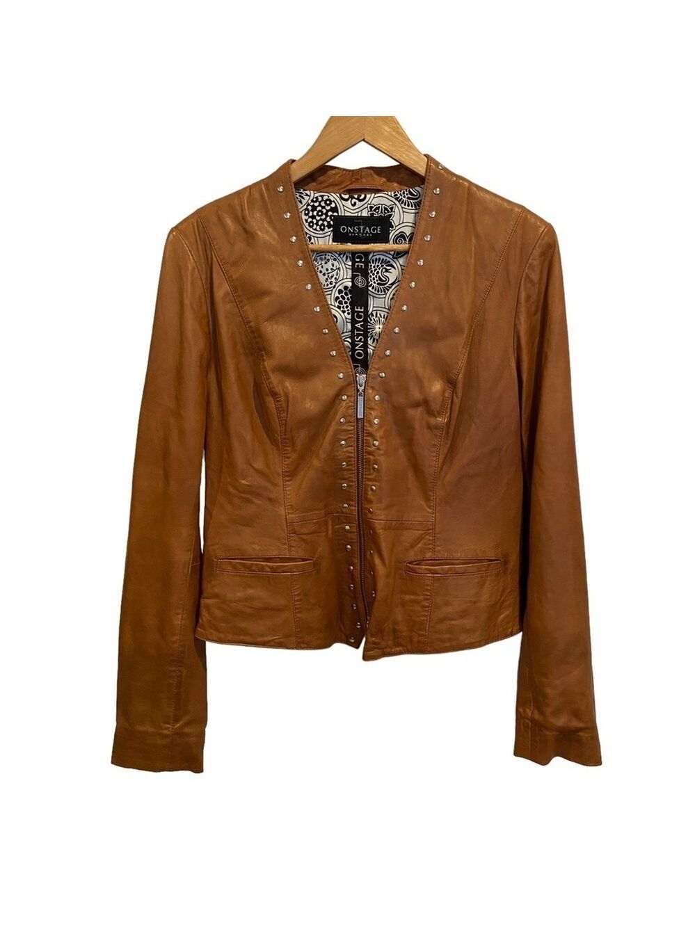 Onstage Denmark brown soft genuine leather jacket studded zip up Vneck 40